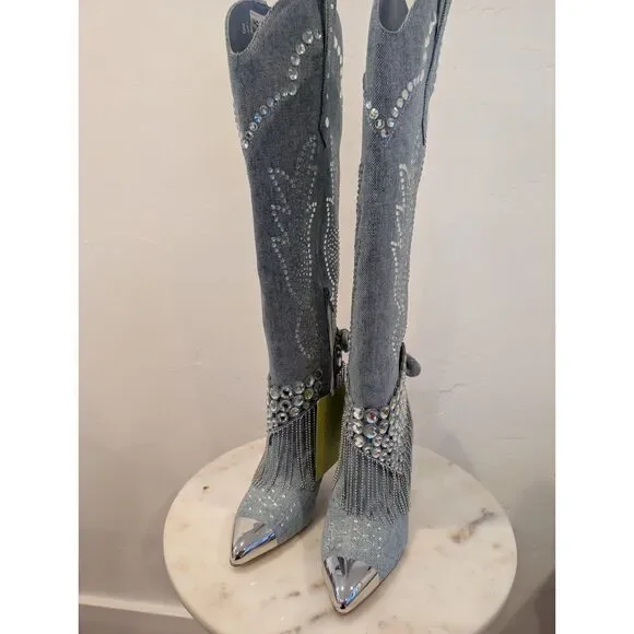 Gianni Bini Denim Boots • Rhinestones, Tassels & Metal Tips • Size 7M • New - Picture 3 of 14